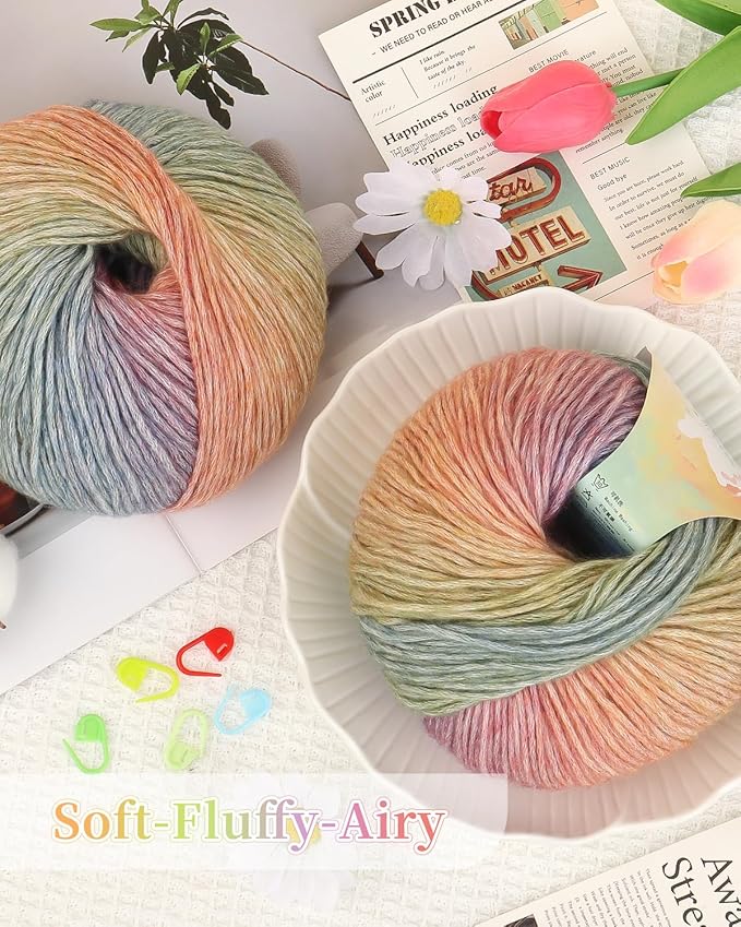 Coopay Yarn for Crocheting Knitting, Gradient Cake Yarns, 2 × 3.53oz - 240yds - 50% Cotton 50% Acrylic Ombre Yarns, Crochet Yarn for Blankets, Shawls, Scarves (102 Rainbow)