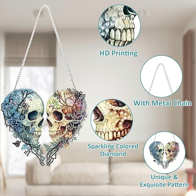 SENQAO Halloween Diamond Art Hanging Kits for Adults Beginners, DIY Acrylic 5D Special Shaped Crystal Diamond Gem Art Painting Hanging Ornament for Home Wall Decor and Gift（Skull Love）
