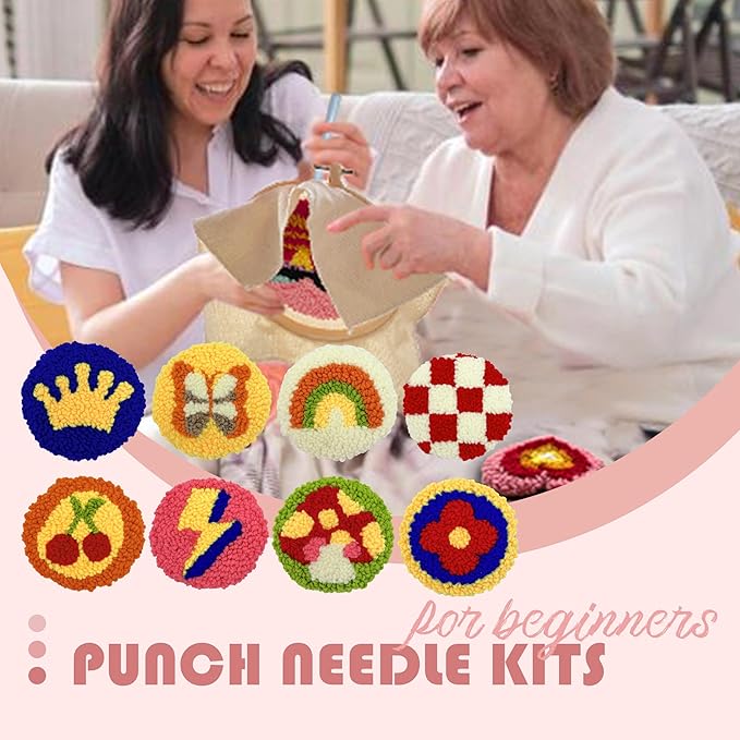 Punch Needle Kit for Beginners Adults Easy Needle Punch Embroidery Tool Set Including Threader Instruction Fabric Hoop Yarn Coaster DIY Making Kit Supplies,Set of 8 Vintage 80S Art Crafts Gifts