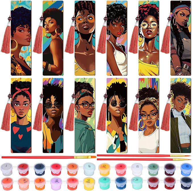 Kosiz 12 Pcs Black Women Theme Paint by Numbers Kit for Adults Wood Bookmark Painting Decor Mini Paint by Numbers Kit Tassels Blank Bookmarks Craft for Small DIY Book Lovers Gift 7x2 ''