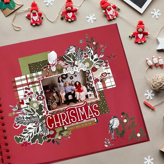 Christmas Memory Book - 10" x 10" Scrapbook Album, 60 Pages, with Photo Corner Stickers | DIY Holiday Keepsake Kit | Merry Christmas Gift for Memories