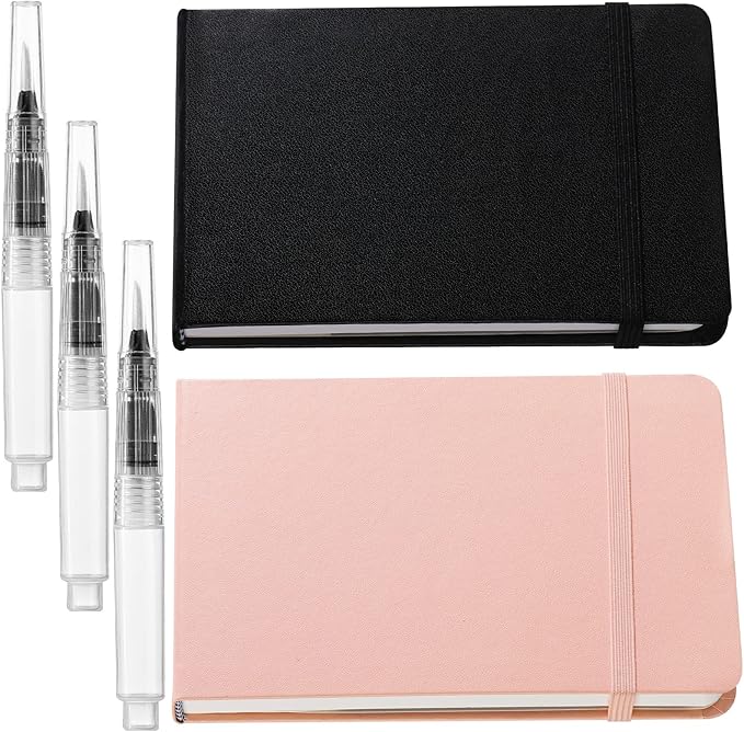 Teling 2 Pcs Watercolor Sketchbook with 3 Brush Pens 5.5" x 3.7", 140lb/300gsm Paper, Small Portable Travel Watercolor Journal, Pocket Notebook with Folding Pockets, Tear Away Pages with Dotted Line
