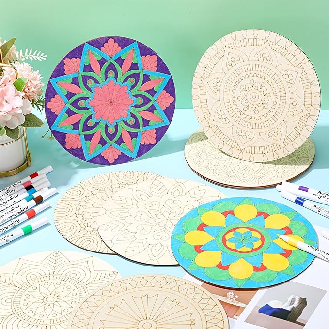 22 Pcs Wooden Mandala Painting Set 10 Mandala Unfinished Wood Cutouts with 12 Markers for Crafts Diwali Craft Wood Slices for Adults Painting DIY Tags Wedding Home Decors(Vintage Style)