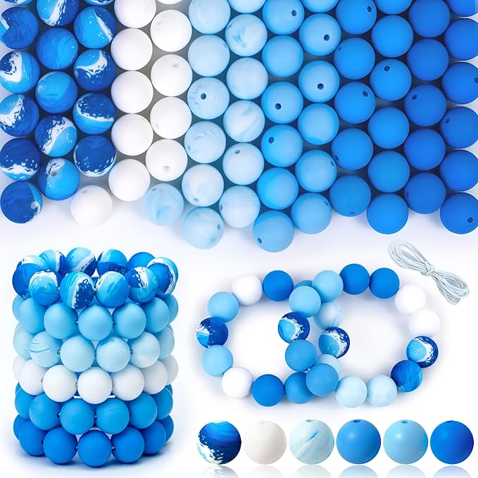 120 Pcs 15mm Silicone Beads for Keychain Making Bracelets Blue White 6 Colors Silicone Round Beads Bulk for Crafts Pens Supplies