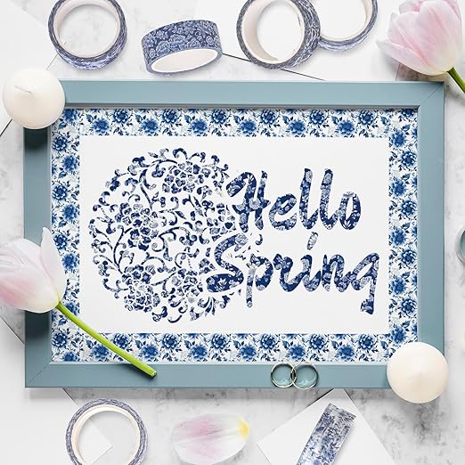 12 Rolls Blue Floral Washi Tape Chinoiserie Flower Bird Decorative Masking Tape Set Blue White Wrapping Paper Tape for Scrapbook Journal DIY Art Crafts