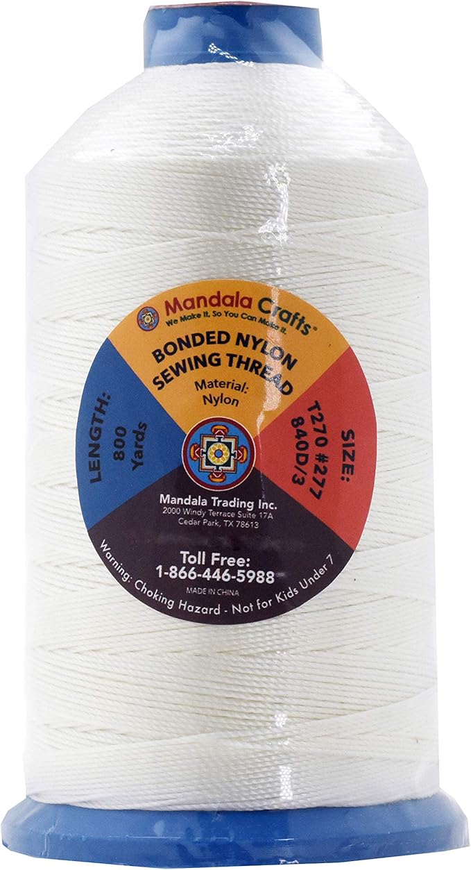 Mandala Crafts Size 277 840D T270 Bonded Nylon Thread - White 800 YDs Tex 270 Heavy Duty Sewing Threads for Leather, Jeans, Weaving, Outdoor Marine Upholstery