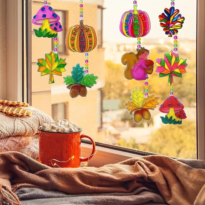Ayhuhra 30 Sets Fall Leaf Pumpkin Acorn Suncatchers Keychains Craft Kits DIY Window Art Paint Kit Fall Arts and Crafts Maple Leaf Sun Catchers for Seniors Autumn Thanksgiving Art Project
