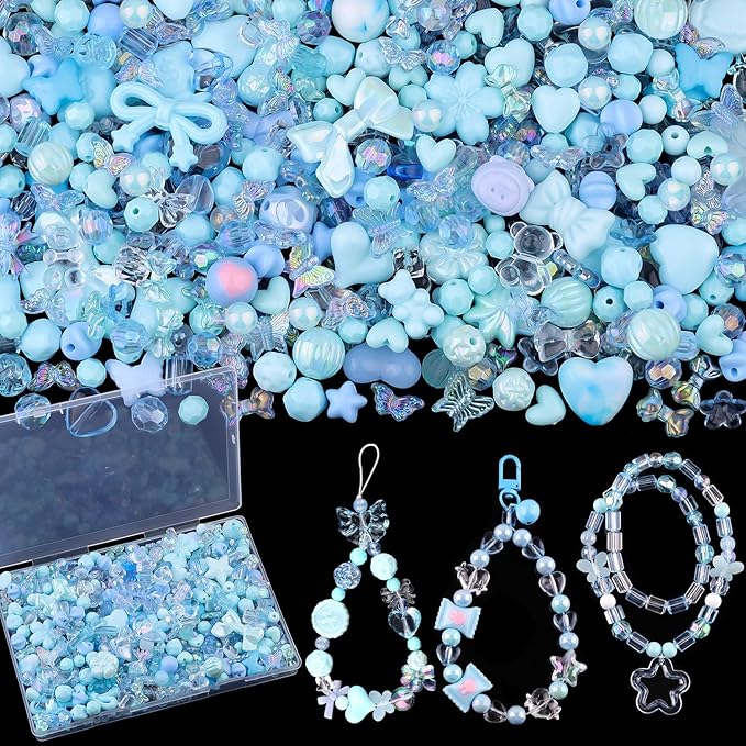 200-260PCS TINKRSTUFF Assorted Acrylic Beads Blue Cute Beads for Bracelet Making,Bow Aesthetic Star Flower Butterfly GummyBear Round Kawaii Charms for Jewelry Necklace Making DIY Keychain Phone Charm