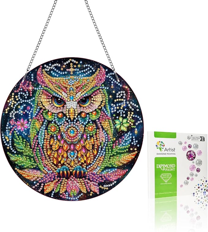 VAIIEYO Owl Diamond Art Hanging Ornament, Animal Diamond Painting Suncatchers Window Hanging Kit with Chain, 7.5x7.5 inch Crystal Pendant Art Craft for Gift Home Wall Front Door Decoration