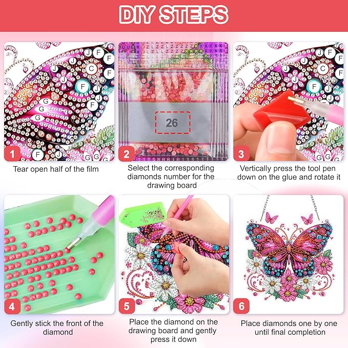 QENSPE Diamond Art Hanging Kits for Adults, 5D Pink Butterfly Special Shape Diamond Paingting Ornaments Kits with Chain, DIY Flowers Crystal Window Pendants for Home Wall Decor Double Sided 8X8 inch