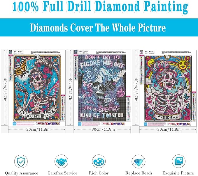 Meothan Diamond Art Kits for Adults, 3 Pack Horror Skull Diamond Painting Kits for Adults, 5D DIY Round Full Drill Gothic Gem Art Paint by Diamonds Dots Crafts Kits for Home Decor Gift 12x16inch