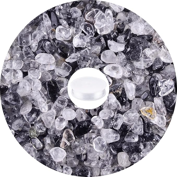 Crystal Beads for Jewelry Making Natural Chip Stone Beads 400pcs Gemstone Crystal Beads for Bracelets Making Kit Rock Bead Bulk Hole Drilled DIY Necklace Charms 5-8mm Black Rutilated Quartz