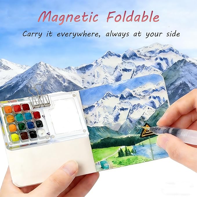 Mini Watercolor Travel Set - 24 Colors Travel Watercolor Kit with 2 Sketchbooks & 2 Water Brushes & Copper Clip, Magnetic Folding Palette for Outdoor Painting, Artists and Painting Enthusiasts