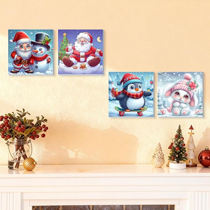 DOMROM 4 Pack Framed Paint by Numbers Snowman for Kids Beginners, Adult Paint by Number Kits Penguin on Canvas, Acrylic Number Painting Christmas Craft Kits for Gift Home Decor 8x8in