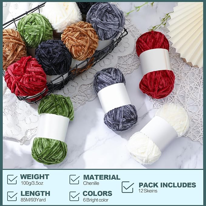 Xinnun 12 Skeins 1116 Yards Chenille Velvet Soft Thick Plush Yarn Bulk for Crocheting Knitting Blanket DIY Weaving Craft, 6mm, 3.5 Oz/Skein(Simple Color)
