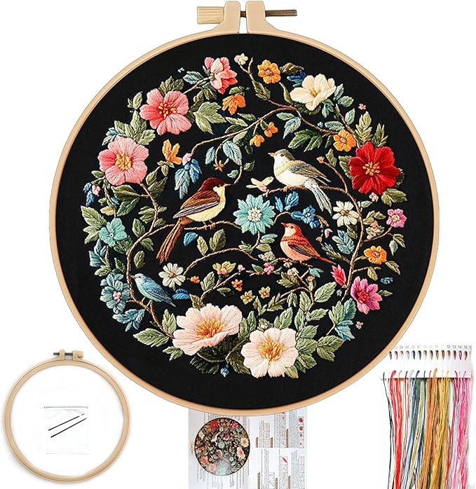 fonnuy embroidery kit for beginners, birds with flowers pre-stamped pattern kits for adults with hoop, easy to follow color thread needlework, 8'' hoop (blue)