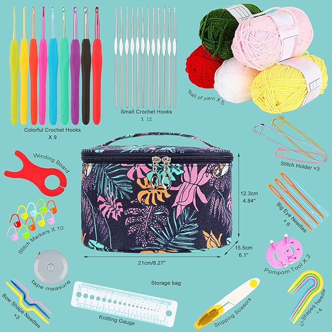aeelike crochet kit for beginners adults, full crochet starter set with yarn, include 9pcs ergonomic crochet hooks 2.0-6.0 mm, 12pcs lace crochet hooks 0.6-1.9 mm, portable crochet hook set with case