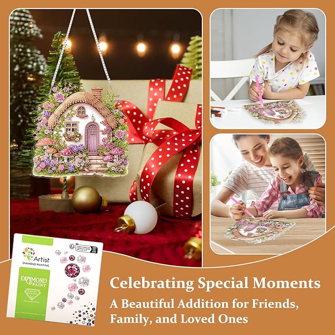 Lxmsja DIY Fairy Cottage Diamond Painting Hanging Ornament, Double-Sided Acrylic Flowers Mushrooms Diamond Art Kit, Special Shaped Suncatcher Hanging Pendant Window Art Kit