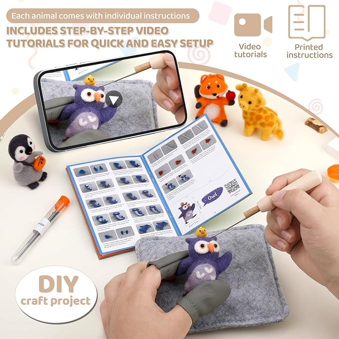 OEHPICC Needle Felting Starter Kit, 7 Cute Buddy Wool Felting Kit, Animal Felt Kit for Beginner Adults with Felting Needles and Instructions for DIY Felting