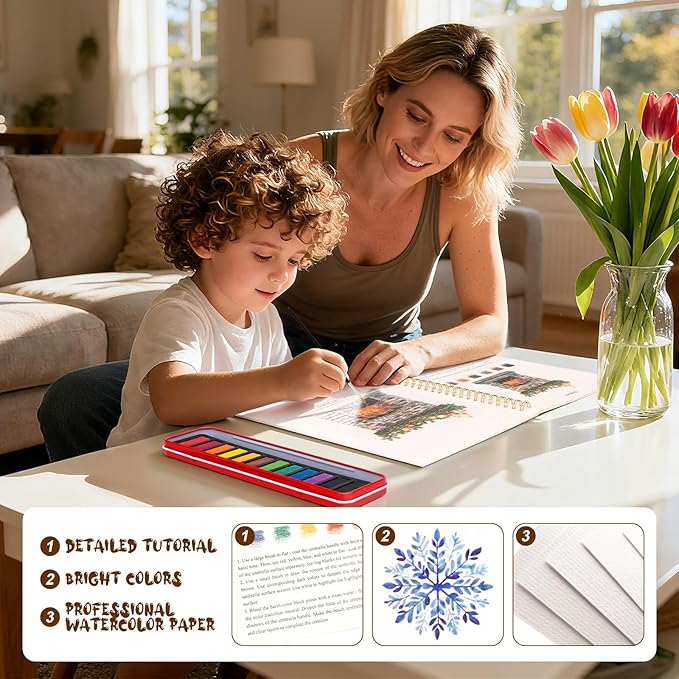 Christmas Watercolor Workbook for Adults, Beginner Friendly Watercolor Painting Kit Winter Water Coloring Book, Nature-Themed Practice Art Gift Water Color Paint Book with Palette and Brush