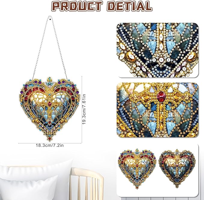 KEYIFA Diamond Painting Kit, DIY Heart Cross Diamond Art Hanging for Adults Beginner, Gem Arts Pendant Special Shaped Rhinestone Window Ornaments Wall Door Garden Decoration Gift, Double Sided
