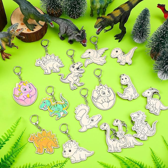 Trnayi 36 Pcs Dinosaur Unfinished Wooden Keychains Color Your Own Unfinished Dinosaur Wooden Crafts Blank Wood Painting DIY Crafts for Birthday Home Activities Arts Project Decor