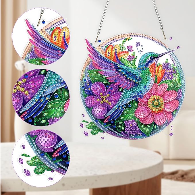 QENSPE Diamond Art Hanging Kits for Adults, 5D Hummingbird Special Shape Diamond Paingting Ornaments with Chain, DIY Flowers Crystal Window Pendants for Home Wall Decor Double Sided 8X8 inch
