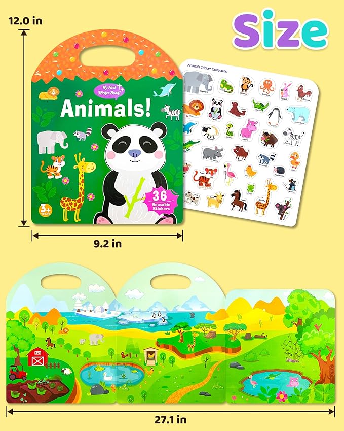 benresive reusable sticker books for kids, sticker books for toddlers, toddler travel toys activities crafts ages 3 and up birthday gifts - animals