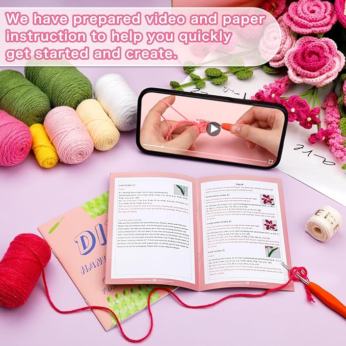 Iuuidu Crochet Kit for Beginners, Rose-Pink Flower Bouquet Crochet Kit, Knitting Kit with Step-by-Step Video Tutorials for Woman Birthday Anniversary Day Weddings Party Present, Home Decor