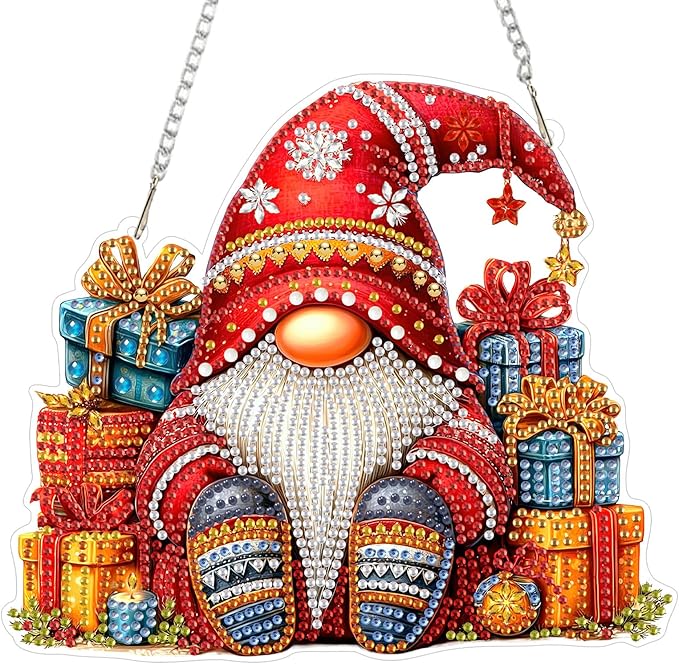 MEIYUDA Gnomes Diamond Art Hanging Kits for Adult, Christmas Gnomes Diamond Painting Hanging Kits Ornaments, DIY Special Shaped Rhinestone Window Pendants kit for Home Garden Wall Decor Gift