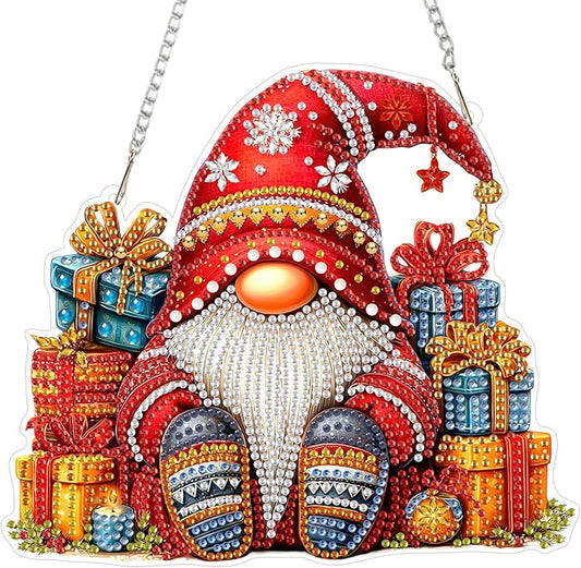 MEIYUDA Gnomes Diamond Art Hanging Kits for Adult, Christmas Gnomes Diamond Painting Hanging Kits Ornaments, DIY Special Shaped Rhinestone Window Pendants kit for Home Garden Wall Decor Gift