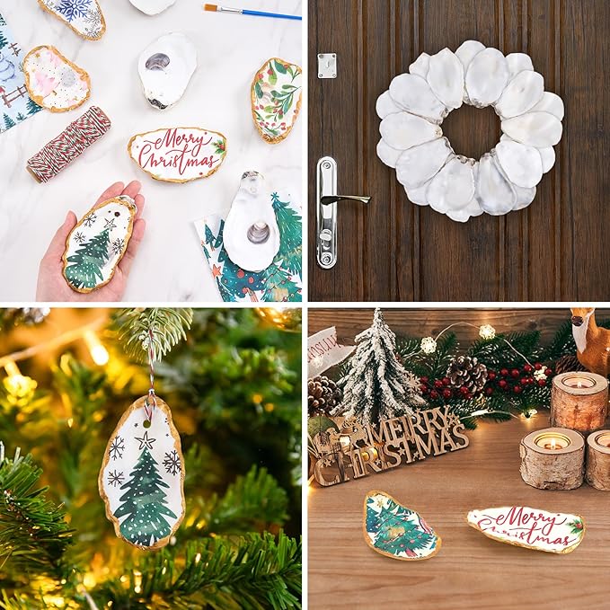 APUDWN 16 Set Oyster Shells for Crafts 4-5 Inch Christmas Pre-Drilled Oyster Shells Crafts Kits with Decoupage Paper Napkin Glue Paint Twine and Brushes for Xmas Decor DIY Arts Seashells Ornaments