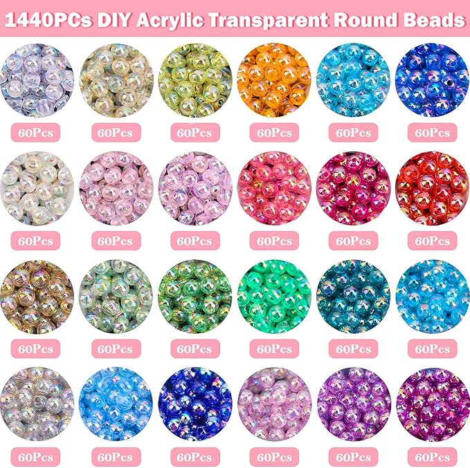 BONNY BOXX 1440Pcs 6mm Transparent AB Acrylic Round Beads, 24 Colors Assorted Plastic Bubble Gum Beads with Hole Loose Spacer Beads Bulk for Bracelets Necklace Jewelry Making DIY Crafts
