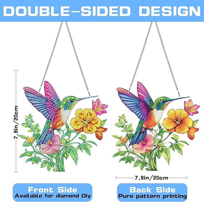 VAIIEYO Hummingbird Diamond Painting Hanging Ornament, Double Side Hanging Kit with Chain,7.5x7.5 inch Crystal Pendant Art Craft for Gift Home Wall Door Decoration 7.5x7.5 inch