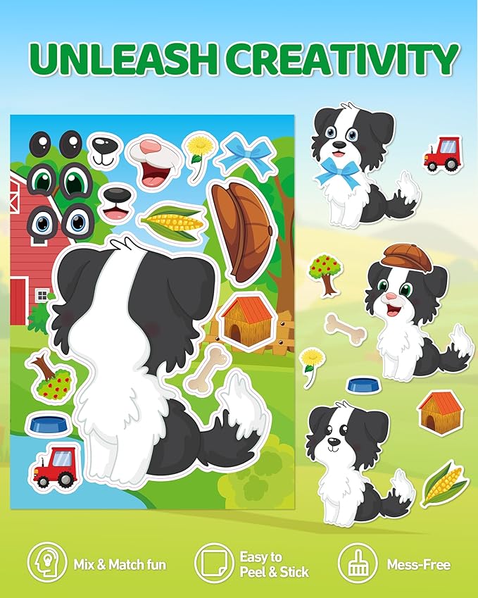 aowplc 48 sheets farm animal make‑a‑face stickers for kids & toddlers – 12 unique mix‑and‑match designs – farm party favors, birthday supplies, activities & crafts