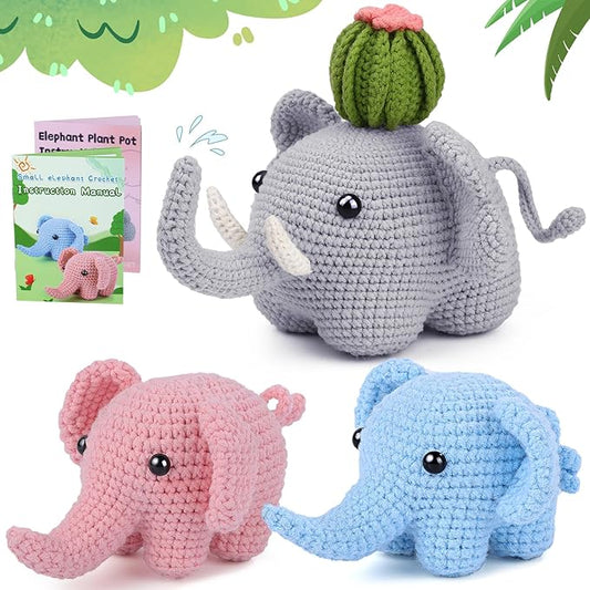 WONVOC Crochet Starter Kit, Beginner Crochet Kit for Adults, Step-by-Step Instructions, Video Tutorial, Knitting Supplies, for Creating Cute Elephant Family