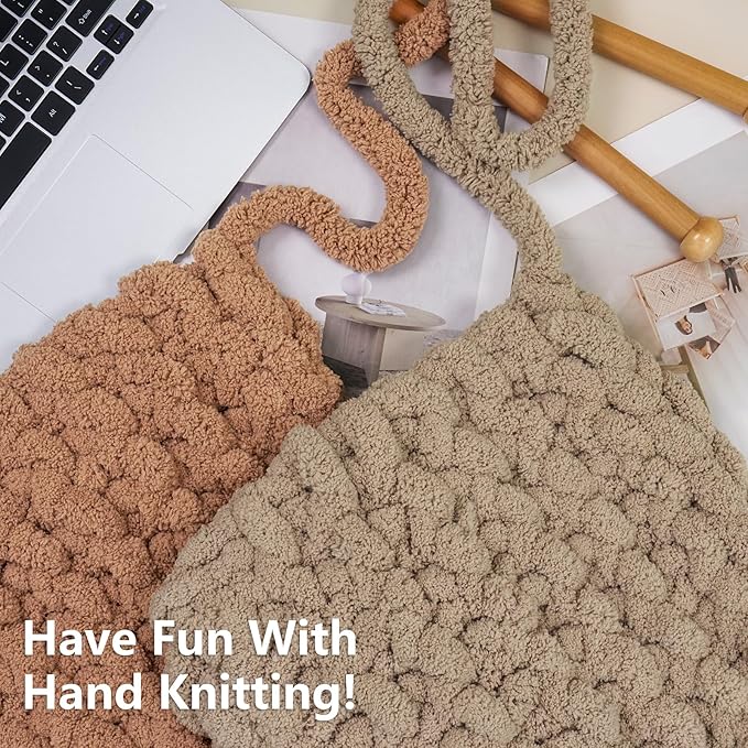 Chunky Yarn for Hand Knitting - #10 Chunky Chenille Yarn, Jumbo Big Thick Chunky Yarns for Crocheting, Super Bulky Chunky Knit Blanket Yarns, 8 Skein (25yd, 8oz/Skein), Khaki & Coffee