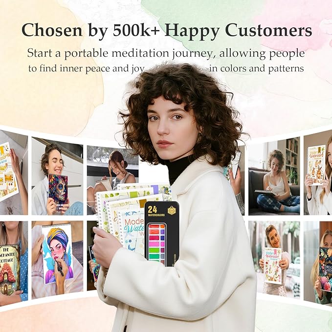4Pcs Watercolor Workbook with Step by Step, Water Coloring Book with 48 Patterns, Beginner-Friendly Watercolor Workbooks with 24 Paint Colors, Valentine's Day Stress - Relieving Gift for Women