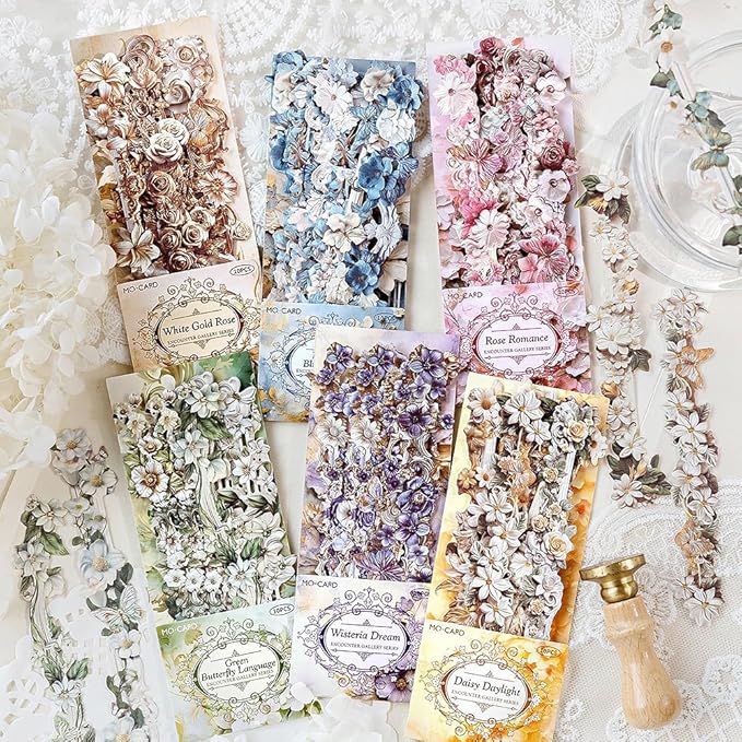 60pcs Vintage Flowers Scrapbook Kit Embossed Flower Stickers for Scrapbooking Journaling Scrapbook Stickers Aesthetic Long Strip Floral Sticker Pack Junk Journal Supplies Self-adhesive Decoupage Paper