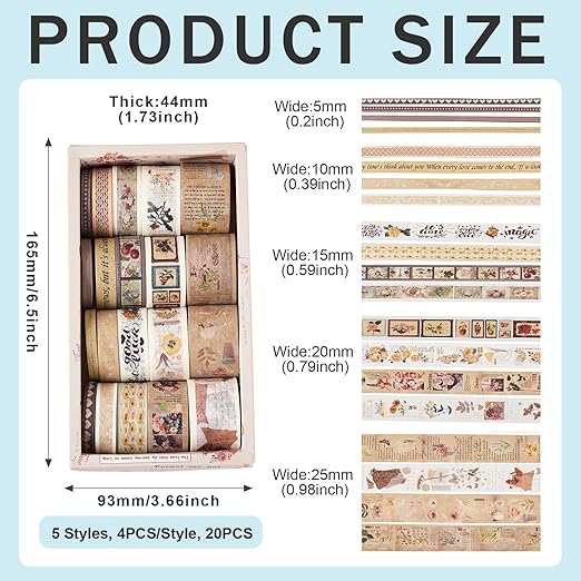 Beadthoven 20 Rolls Vintage Flower Washi Tape Set, 5/10/15/20/25mm Rustic Floral Decorative Tape Assorted Masking Tape Decor Sticker for Scrapbooking Bullet Journal Planner Present Wrapping DIY Craft
