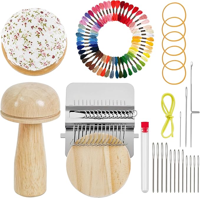Mini Darning Loom,Mushroom Knit Patch Kit with 14 Hooks Small Weaving Loom 14 Pcs Large Eye Needles 50 Color Threads for Handcraft DIY Weaving Repair Tool Darning Kit for Beginners Mending Jeans Socks