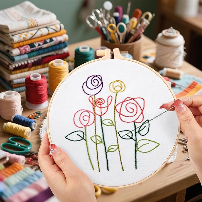 Easy Flower Embroidery Kits for Beginners Adults, Minimalism Embroidery Starter Kits, Counted Cross Stitch Kits for Beginners Adults Hobbies Set for Women, Embroidery Hoops, Thread and Video Tutorial