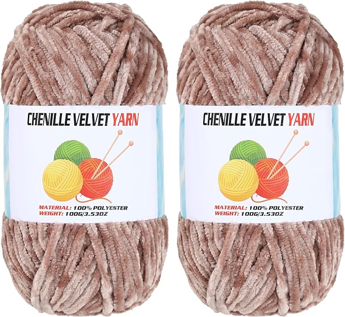 2 * 100g Velvet Chenille Chunky Yarn, Handcrafts Weaving Soft Chenille Yarn for Crocheting Clearance, Used for Making Baby Yarn Blanket, Clothes, Knitting Creations (Camel)