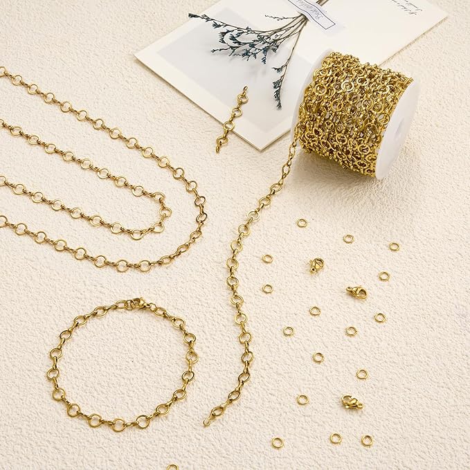 5 Meters Gold Plated Chains for Jewelry Making Stainless Steel Circle Chain Roll with Jump Rings and Lobster Clasps