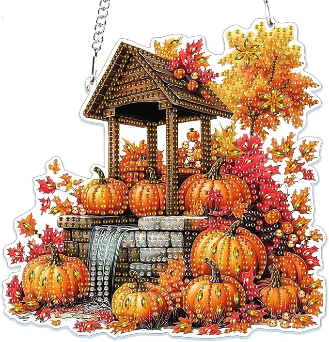 MOGTAA Fall Pumpkin Diamond Art Hanging Pendant Kits, Landscape Diamond Art Kits for Adults, 5D Special Shape Diamond Painting Gem Art for Home Garden Wall Decor