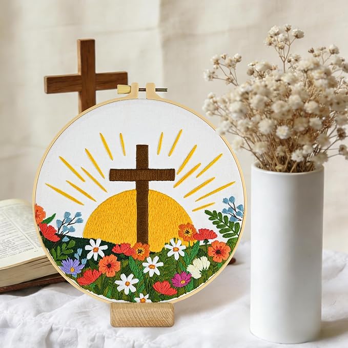 ElasignShopo Christian Embroidery Kit for Beginners Adults, Easy Cross Stitch Kit Easter Cross Jesus Pattern Embroidery Starter Kits with Wooden Hoop, Needles, Threads and Instruction Easter Gift
