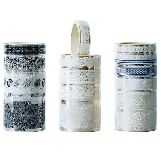 15 Rolls Lace Patterns PET Tapes Floral Arts Decorative Tape Set Adhesive Transparent Masking Tapes for DIY Craft, Kids, Scrapbook, DIY, Gift Wrapping, Journal (5-Ivory Promise)