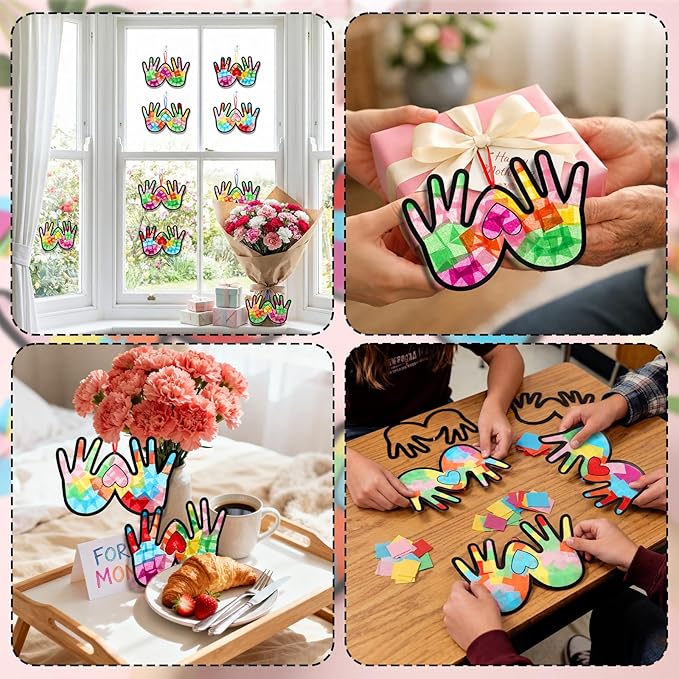 Yaomiao 30 Set Mother's Day Crafts Heart Handprint Suncatchers Paper Crafts Kit DIY Stained Glass Kit Effect Tissue Paper Hanging Suncatchers for Mother's Day Home Birthday Party Favors Gifts
