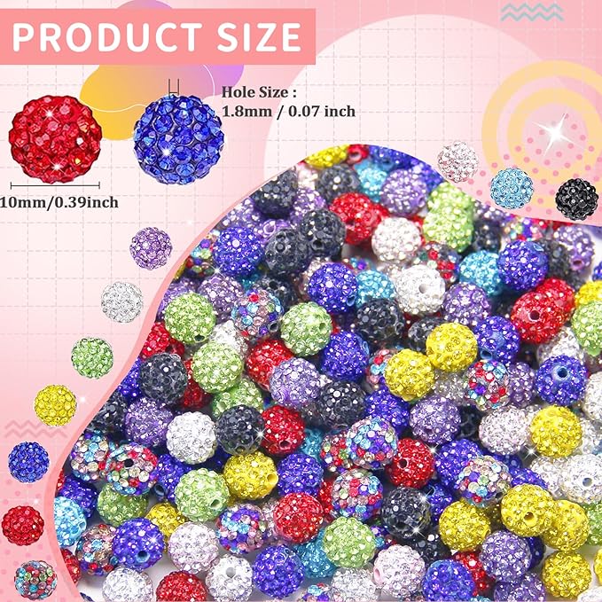 200 Pcs 10mm Rhinestone Beads for Jewelry Making, Mixed Shiny Round Shamballa Disco Baseball Necklace Beads Sparkle Crystal Clay Pave Rhinestones Bead for DIY Bracelet Earring keychain Making Supplies