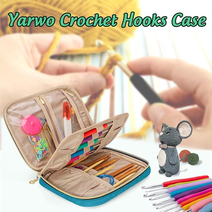 Yarwo Crochet Hook Case, Travel Organizer Holder for Crochet Hooks, Circular Knitting Needles, Knitting Needles (up to 8") and Other Supplies, Teal (Bag Only, Patented Design)